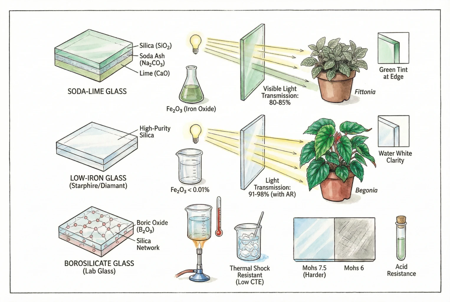 Illustrated comparison of soda-lime, low-iron, borosilicate and lead crystal glass showing tint and stated light-transmission values