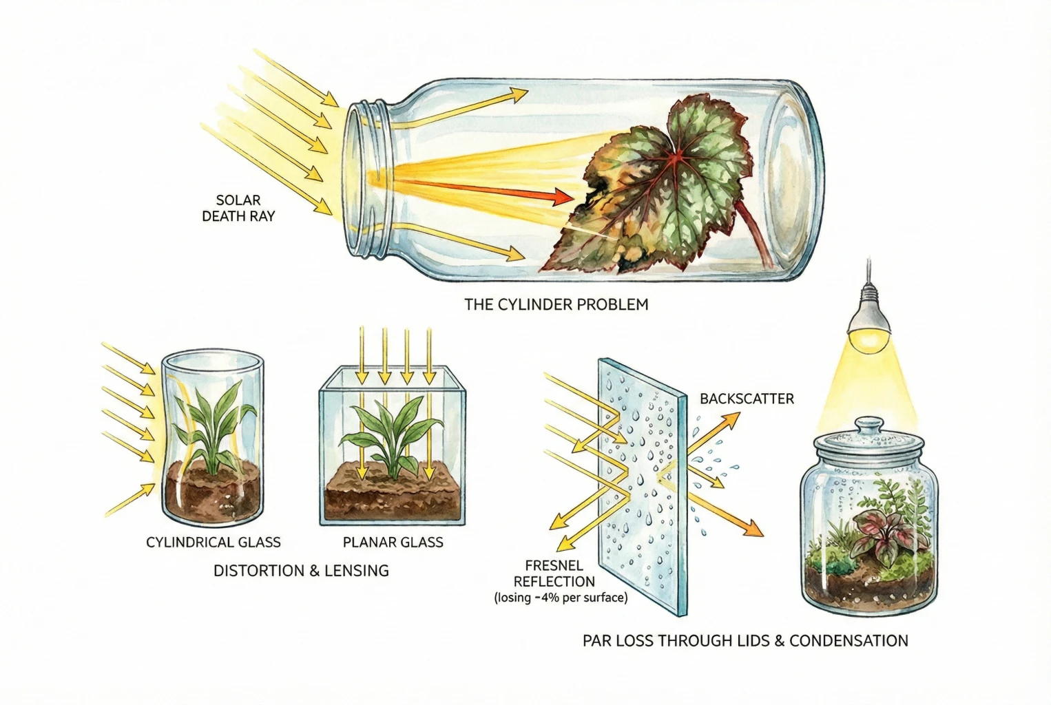 Illustration of light refracting through flat versus cylindrical glass walls and scattering off condensation droplets