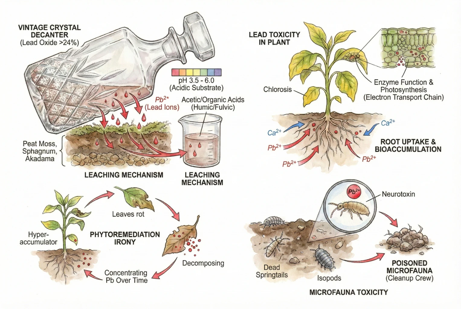 Illustration of acid contact releasing lead ions from leaded glass and lead moving into roots and the food web