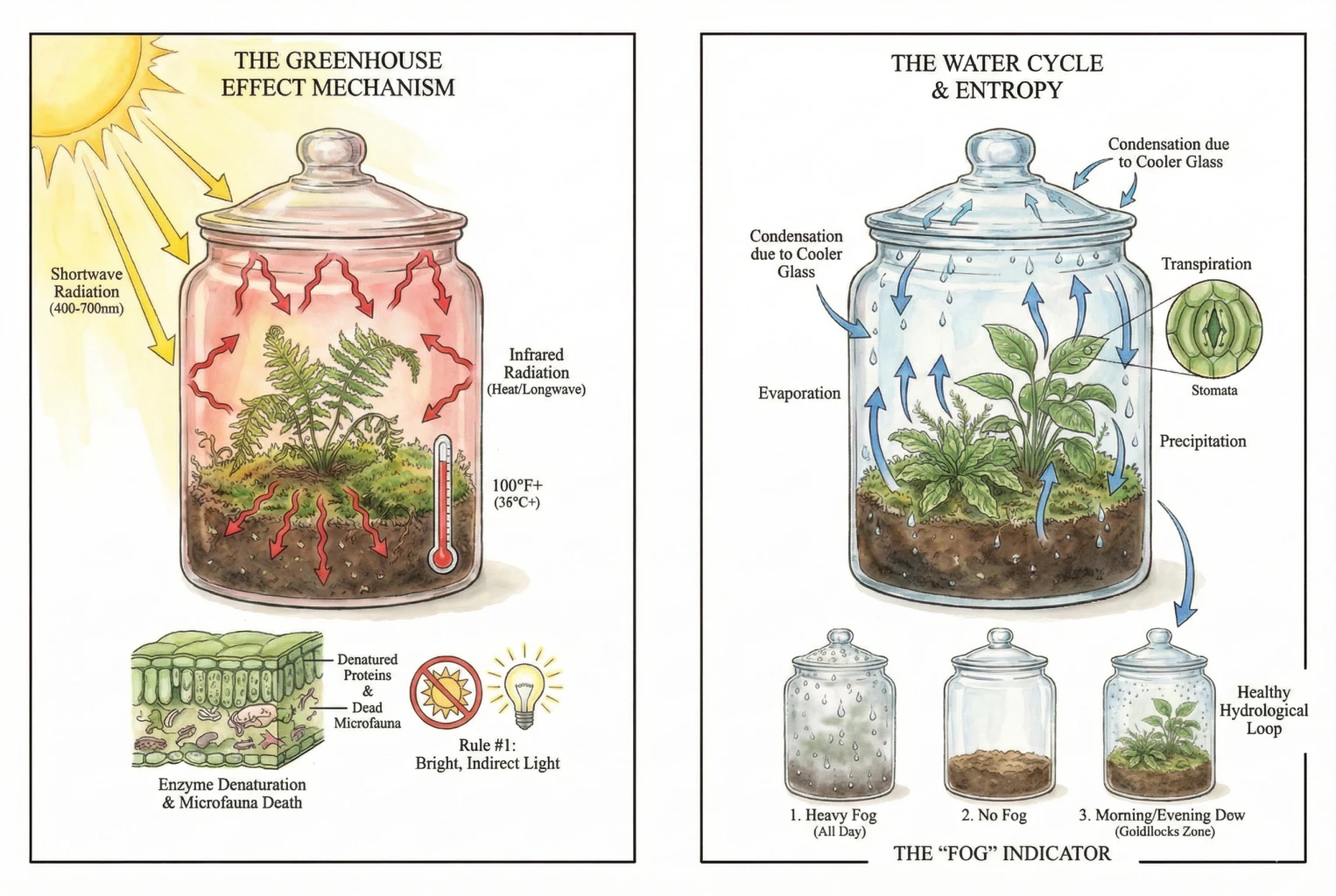 Illustration of light entering a closed jar, heat build-up, and the evaporation-condensation water cycle