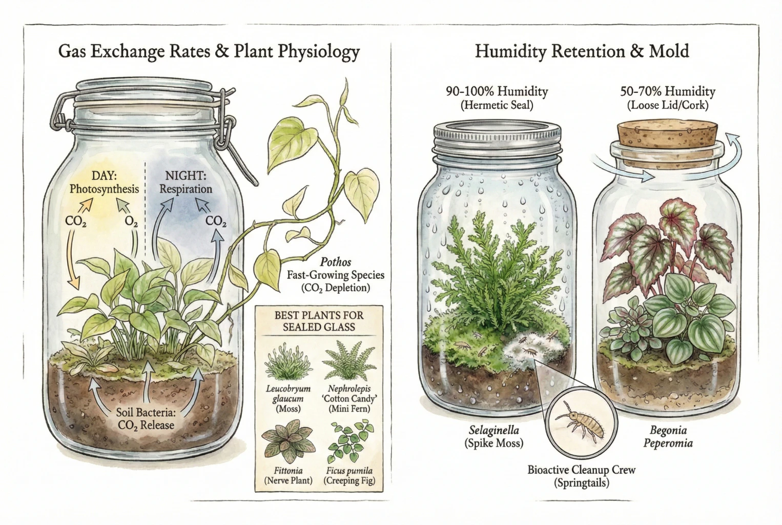 Illustration of a sealed jar showing gas exchange, humidity level and plant-selection notes for a closed terrarium