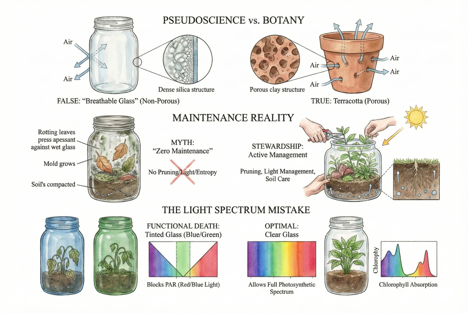 Illustration contrasting non-porous clear glass with a tinted jar and its effect on transmitted light