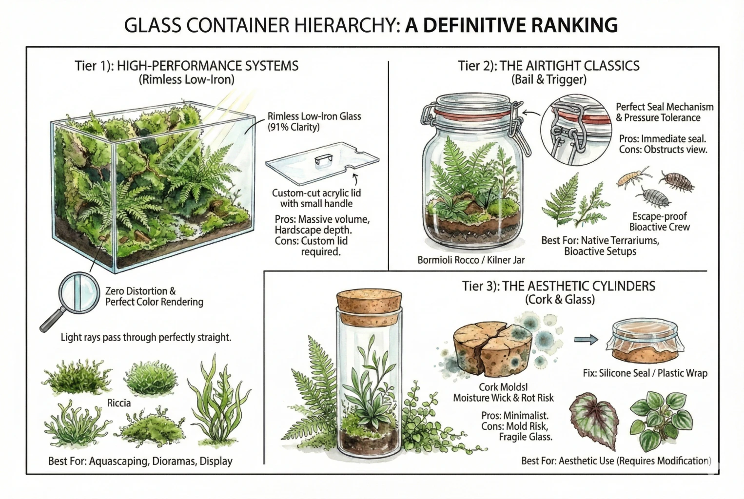 Illustration comparing three tiers of terrarium vessel: rimless low-iron tank, bail-clamp gasket jar, and cork-top cylinder