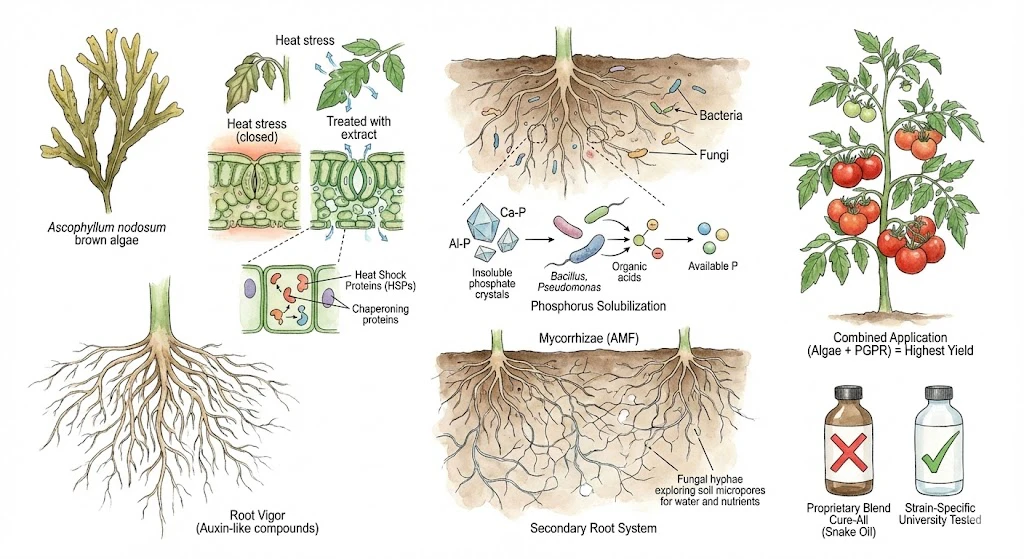 Illustration of biostimulant mechanisms: Ascophyllum nodosum extract and heat-shock proteins, phosphate-solubilizing bacteria, mycorrhizal fungi, and a combined algae-plus-microbe treatment.
