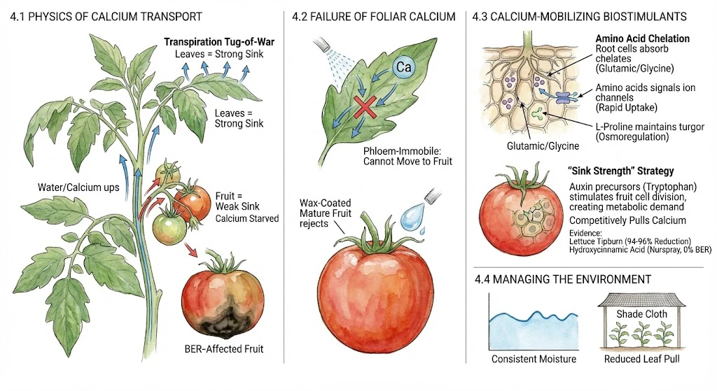 Illustration of blossom end rot physiology: transpiration pulling calcium toward leaves, limited foliar calcium movement, and biostimulant approaches involving amino acids and fruit sink strength.