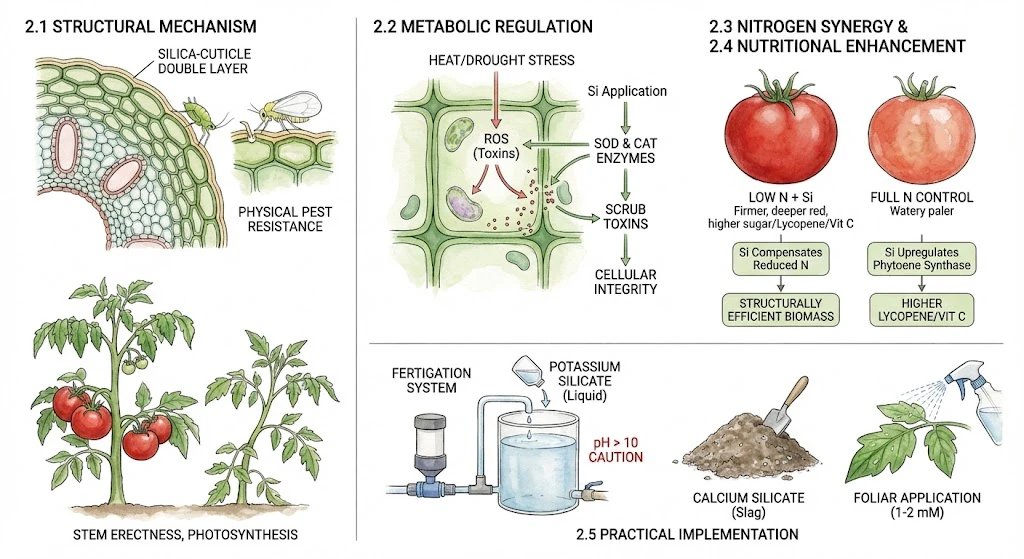 Illustration of proposed silicon effects in tomato: silica deposition near the leaf cuticle, a physical pest barrier, and antioxidant enzymes (SOD, CAT) acting on reactive oxygen species.