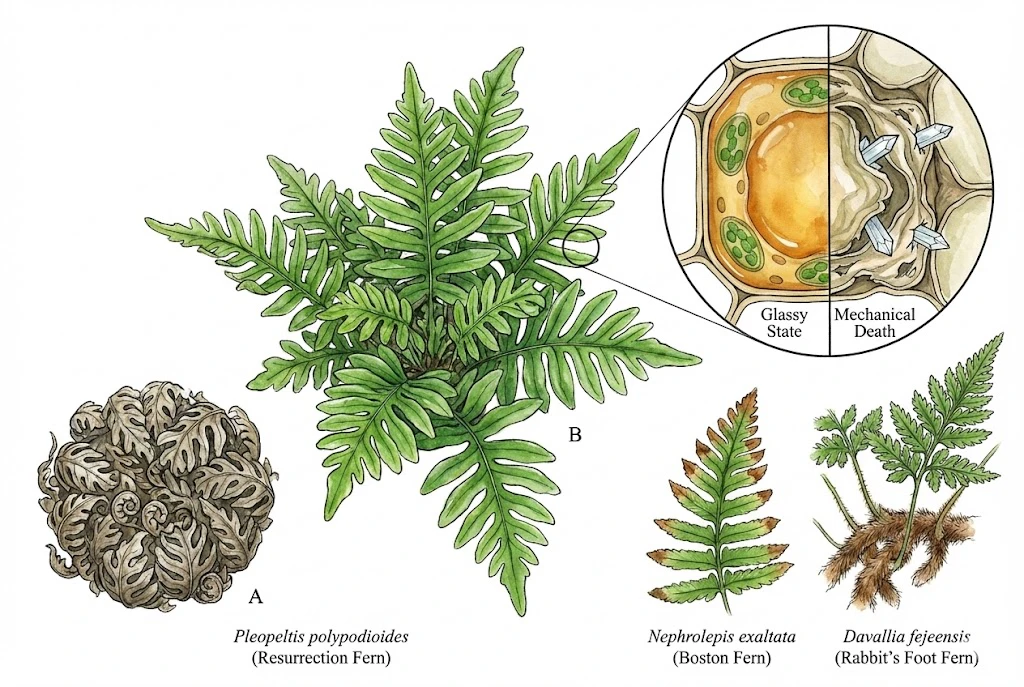 Illustration comparing a resurrection fern (Pleopeltis polypodioides) curled and dry versus rehydrated and green, alongside a Boston fern.