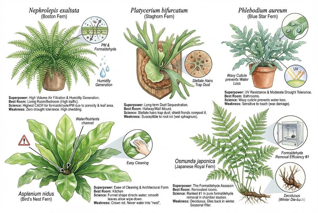 Illustration identifying five fern species side by side: Boston, staghorn, blue star, bird's nest, and Japanese royal fern.