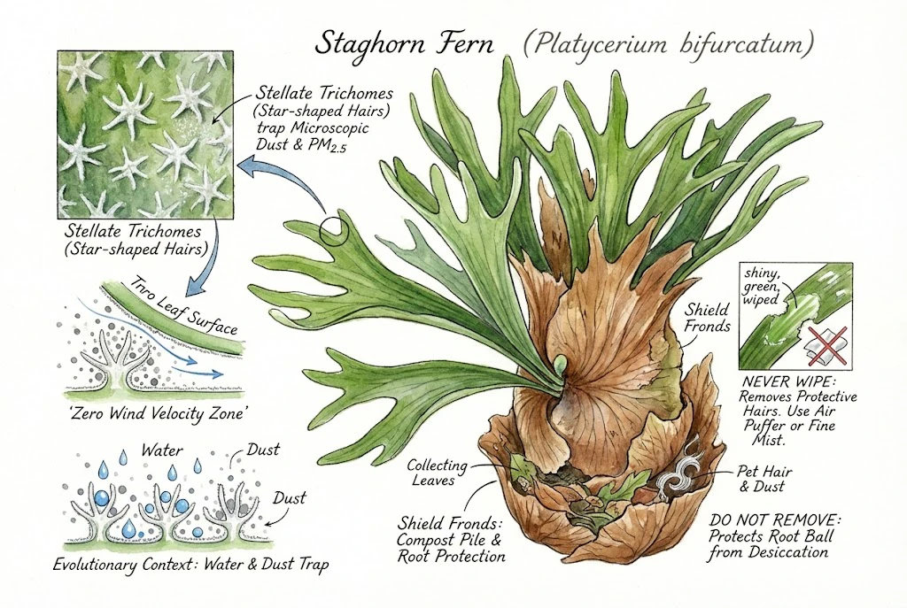 Illustration of a staghorn fern (Platycerium bifurcatum) showing whitish stellate scales on the fronds and brown shield fronds at the base.