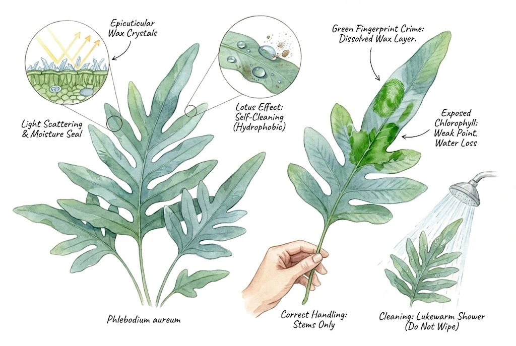 Illustration of a blue star fern (Phlebodium aureum) with a glaucous blue-green waxy frond surface and a fingerprint mark where it was handled.
