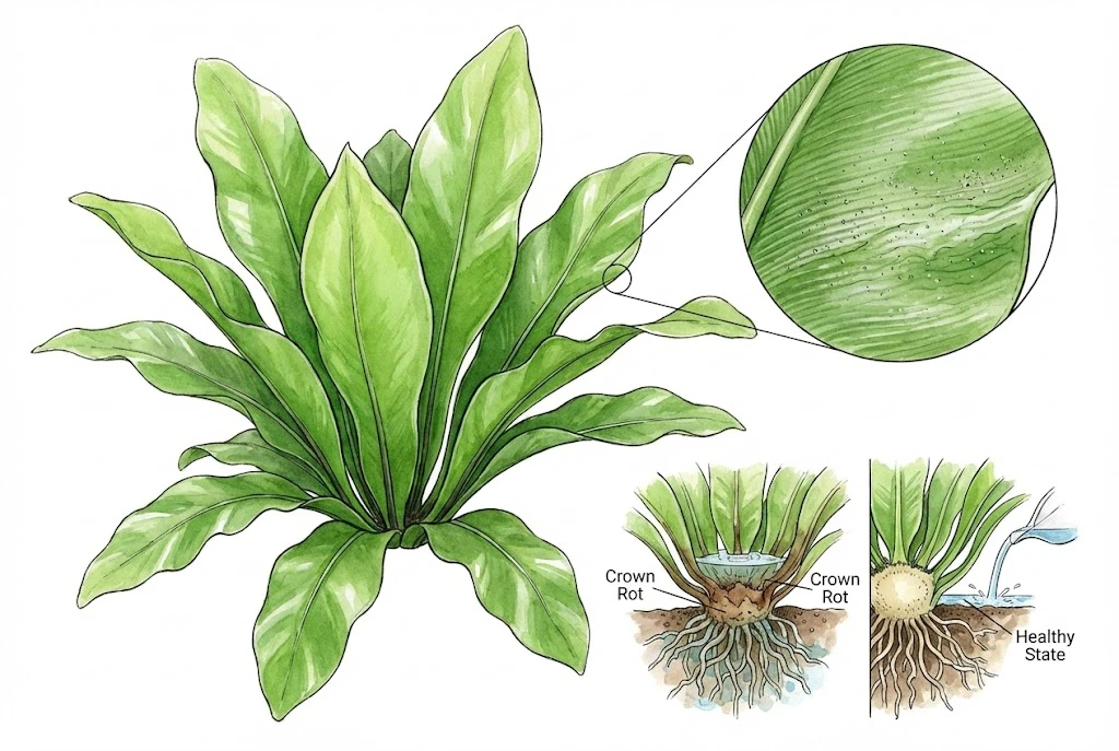 Illustration of a bird's nest fern (Asplenium nidus) rosette, contrasting watering into the center crown with watering at the base.