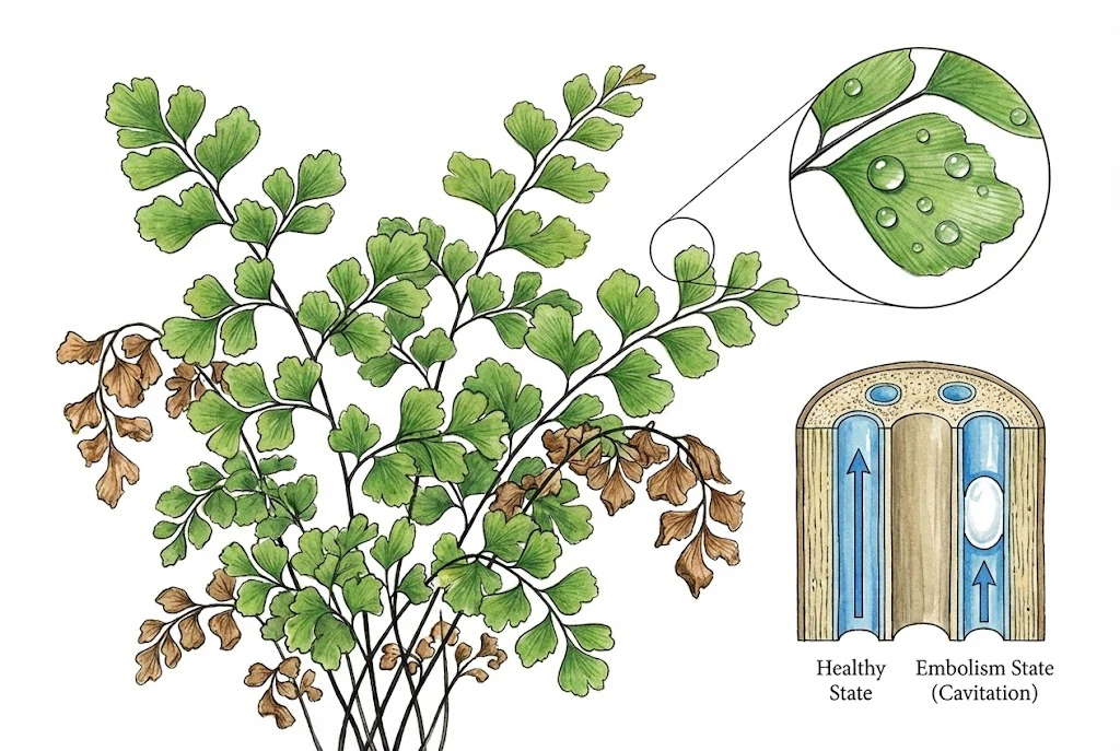 Illustration of a maidenhair fern with water beading and rolling off the fronds, plus an inset showing an air bubble (embolism) in a xylem vessel.
