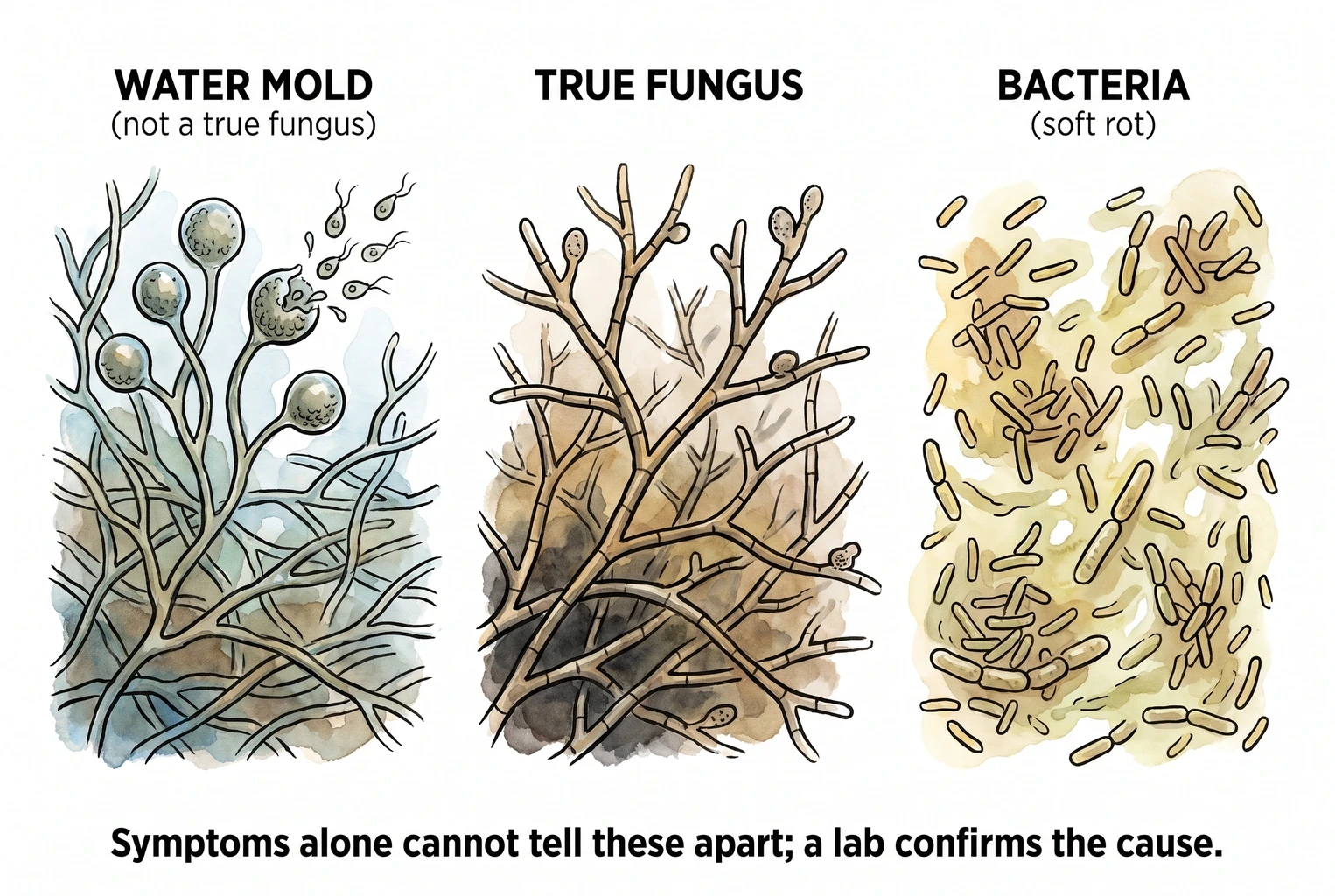 Illustrated comparison of an oomycete (water mold), a true fungus, and a bacterium as causes of rot.