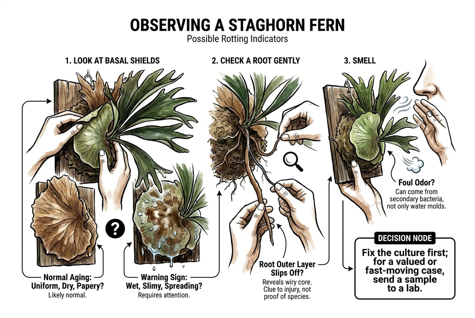 Illustrated flow for observing a rotting staghorn fern: check the shields, roots, and smell before choosing an action.