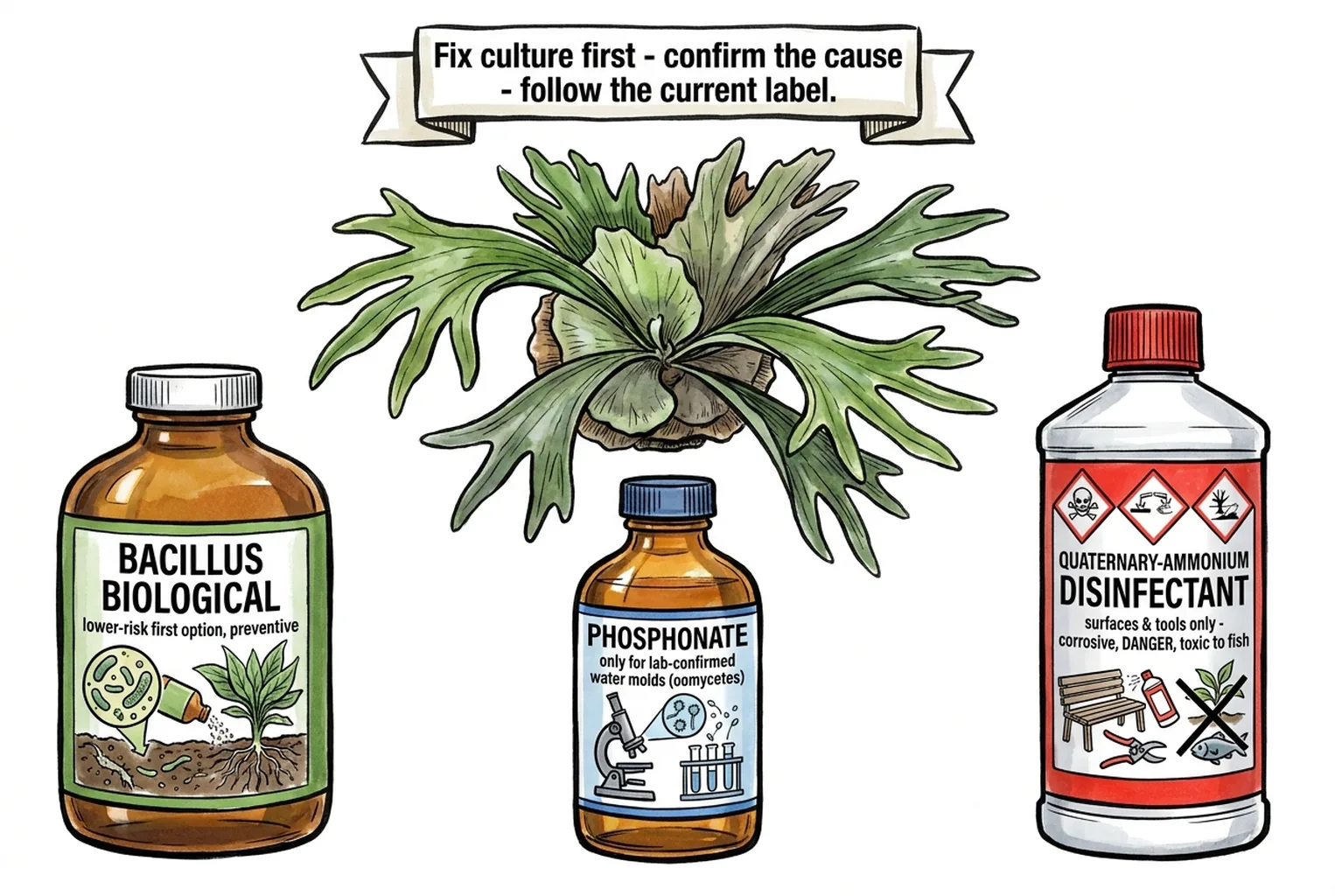 Illustrated overview of three products for staghorn fern care: a Bacillus biological, a phosphonate, and a quaternary-ammonium disinfectant.