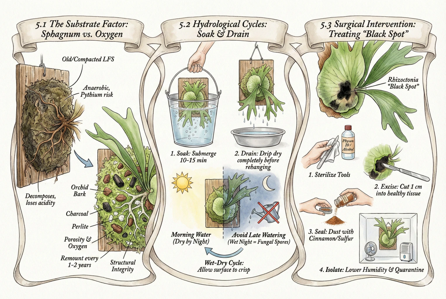 Illustrated prevention steps for staghorn ferns: refresh the media, water in a wet-dry cycle, and keep tools and airflow clean.