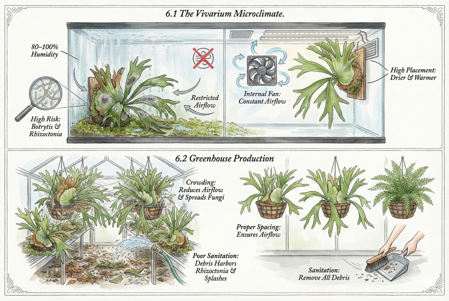 Illustrated vivarium cross-section showing airflow and where to mount a staghorn fern relative to vents and lights.