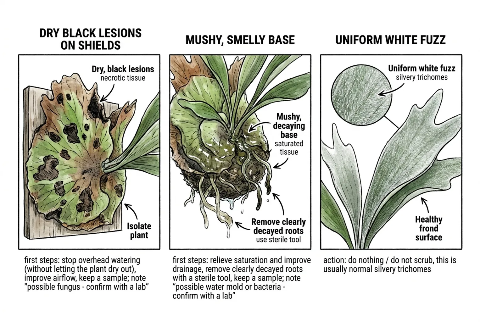 Illustrated summary of three staghorn fern rot scenarios and suggested first responses.