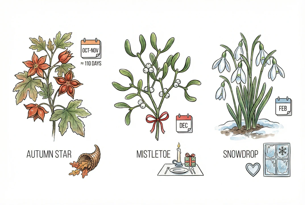 Conceptual illustration of autumn, holiday, and late-winter harvest seasons, not the actual Kalettes plants