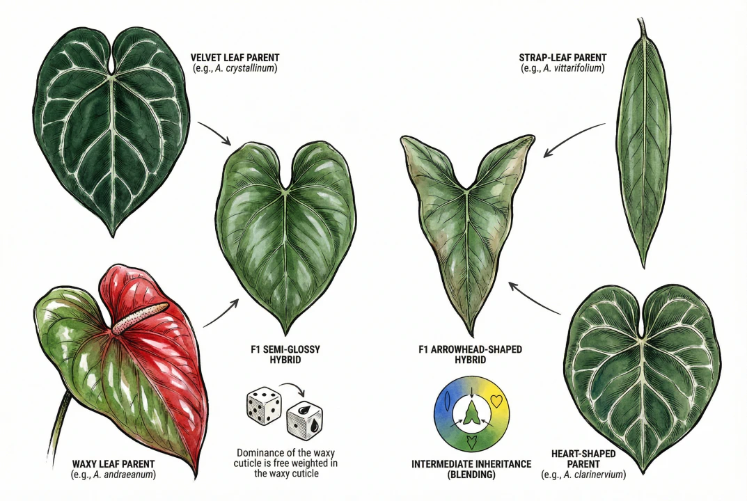 Conceptual illustration of leaf-shape and texture comparisons between parent plants and their hybrid offspring