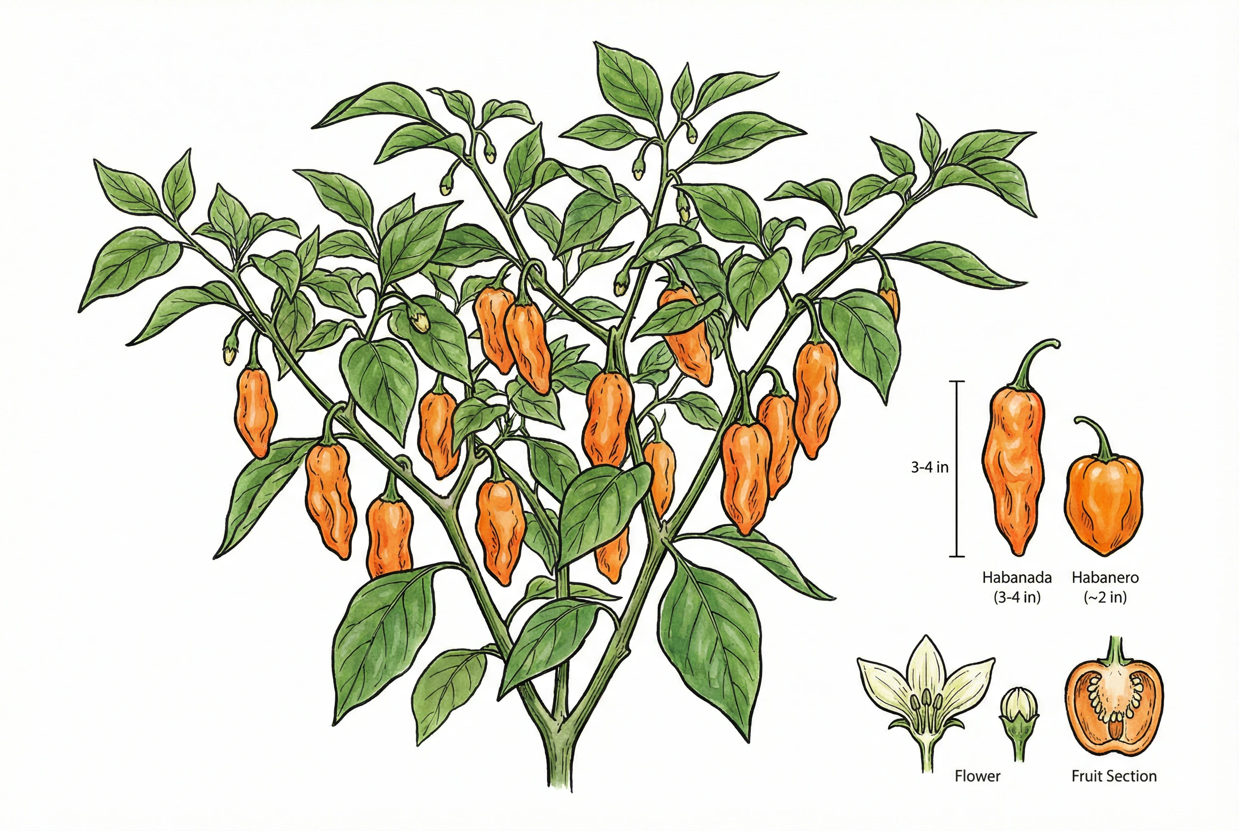 Illustration comparing a compact Habanada plant bearing orange fruits with a standard habanero