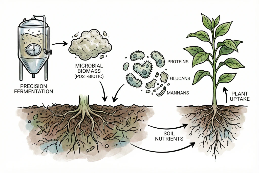 Illustration of dried microbial biomass showing protein, glucan, and mannan cell-wall components