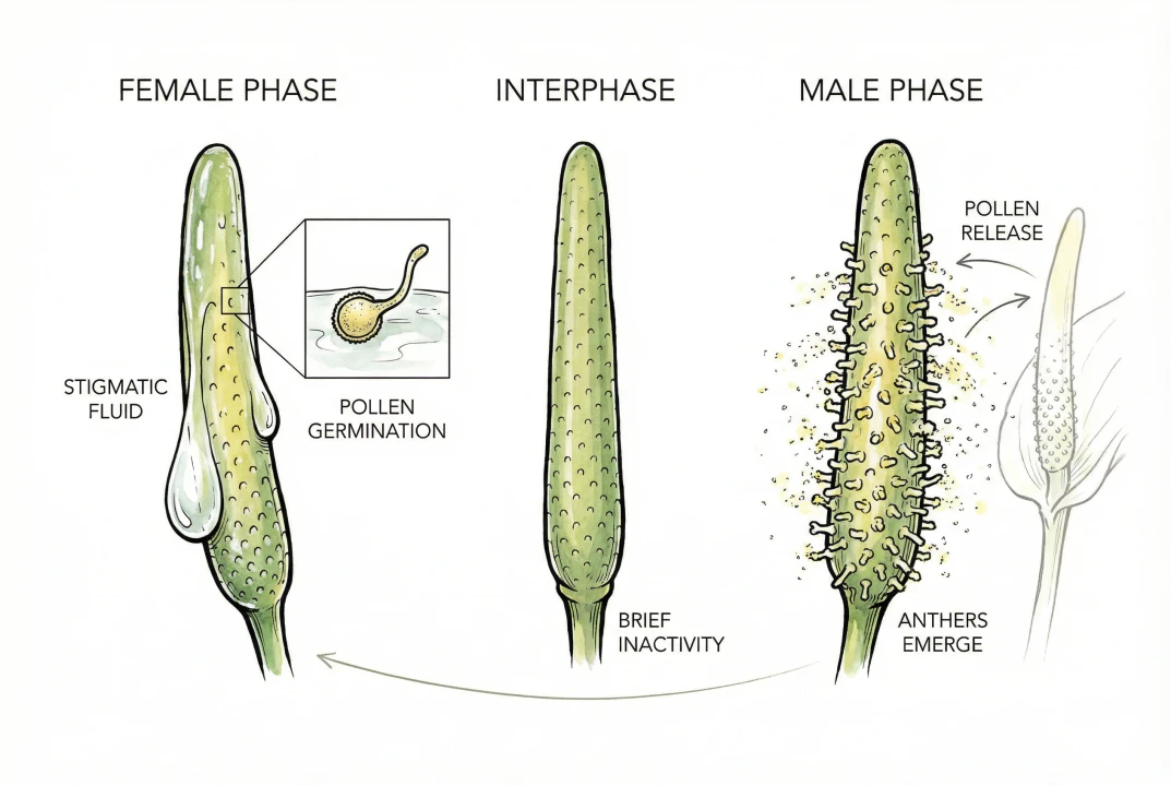 Anthurium inflorescence showing distinct female and male phases