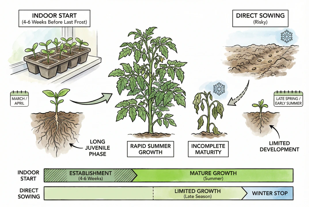 Conceptual illustration of seedlings started indoors in cell trays