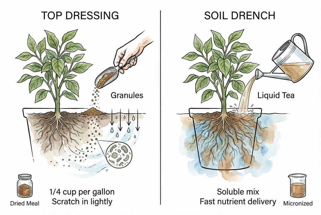 Illustration comparing mixing an amendment into water as a drench versus sprinkling it on the soil surface