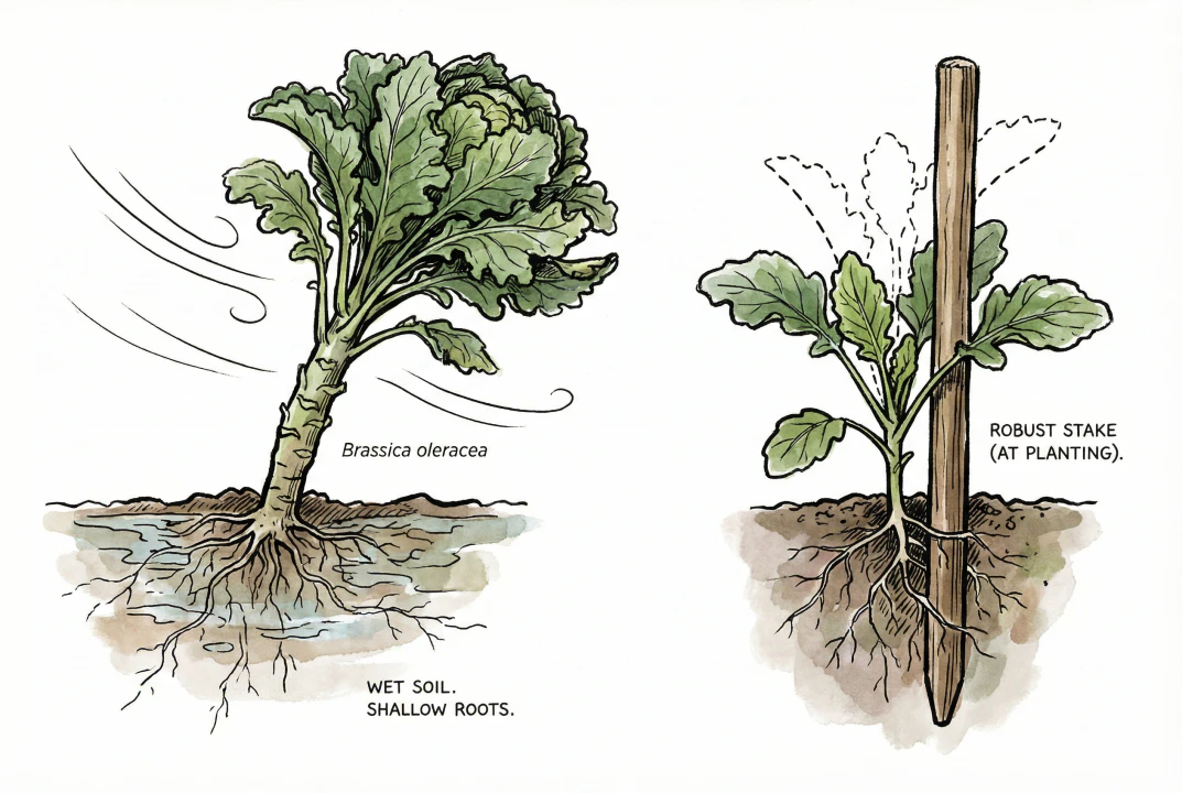 Conceptual illustration of a tall brassica supported by a stake
