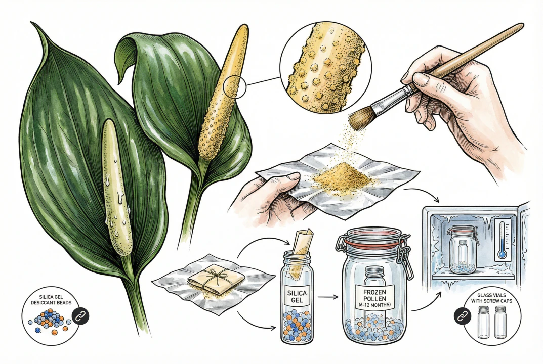 Paintbrush collecting pollen from an anthurium spadix beside a labelled storage packet