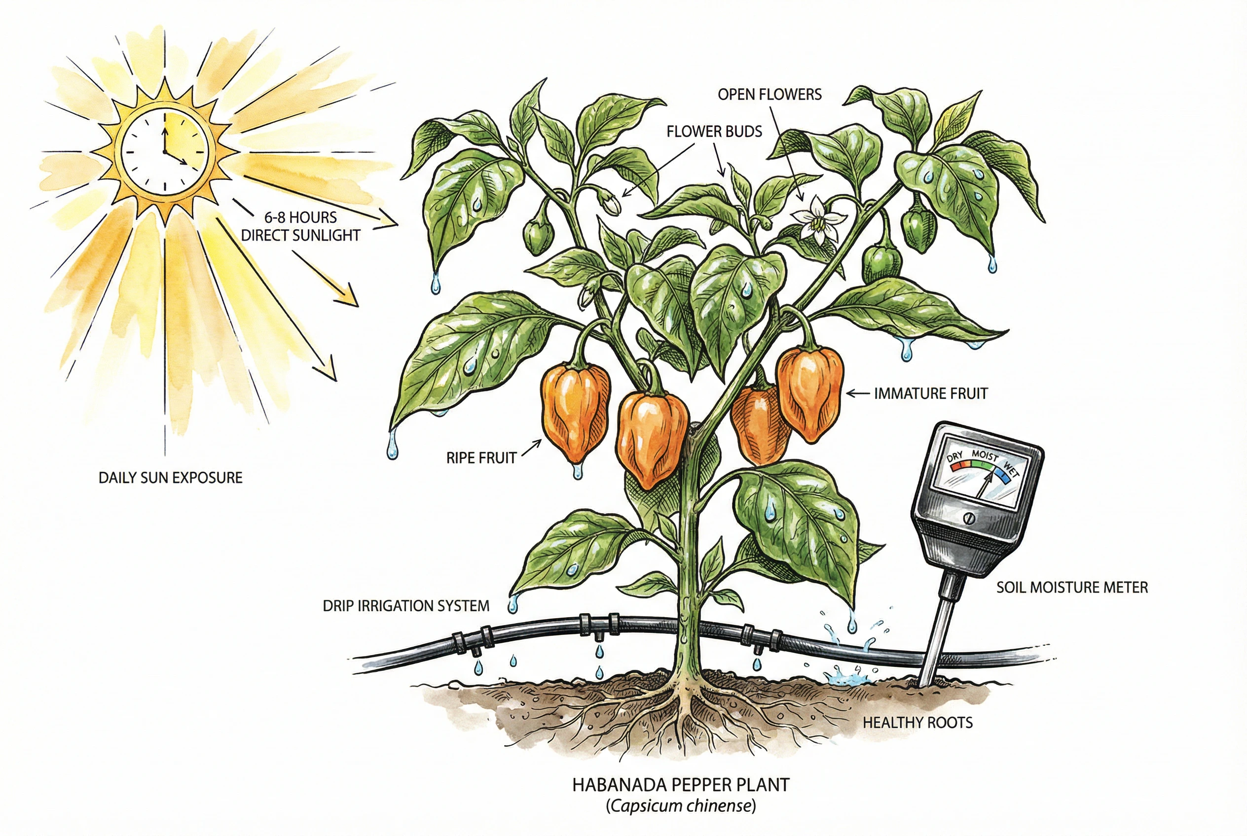 Daily sunlight hours and watering schedule for peppers