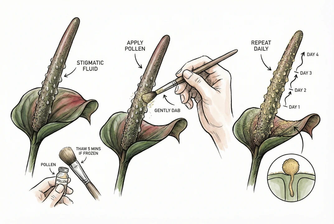 Applying pollen with a soft brush to a receptive female spadix