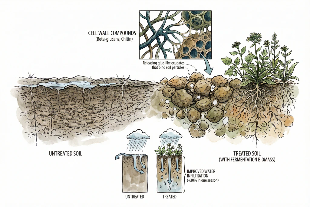 Illustration of soil particles bound into aggregates, with organic matter between them