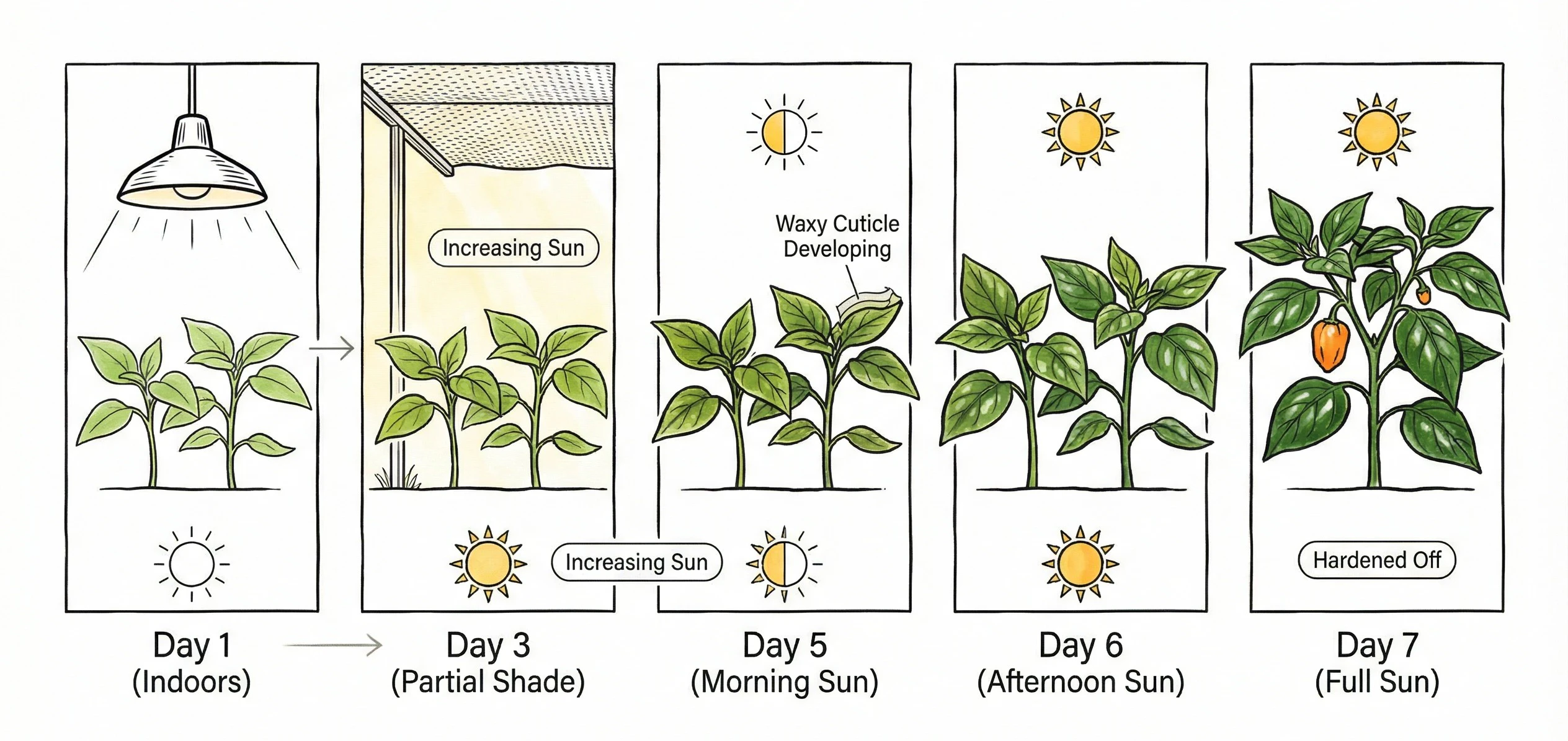 Gradual outdoor exposure timeline for pepper seedlings