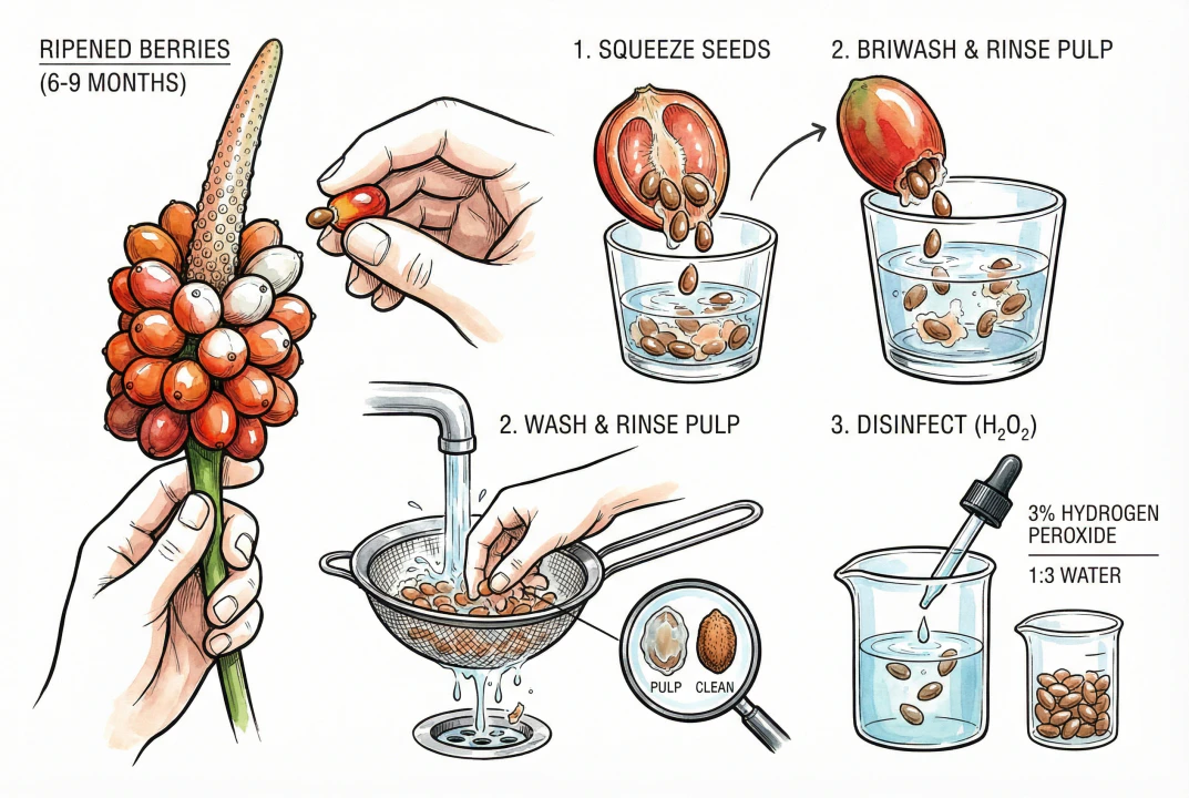Cleaning pulp from anthurium seeds in a cup of water