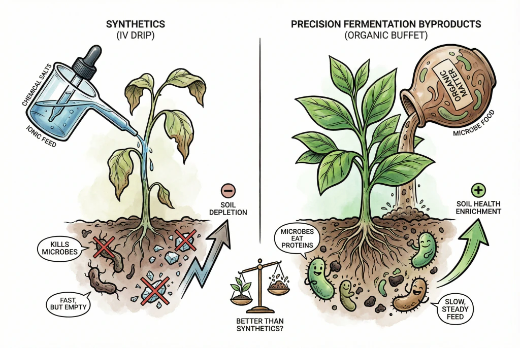 Illustration contrasting mineral fertilizer supplying soluble ions with an organic amendment feeding soil microbes