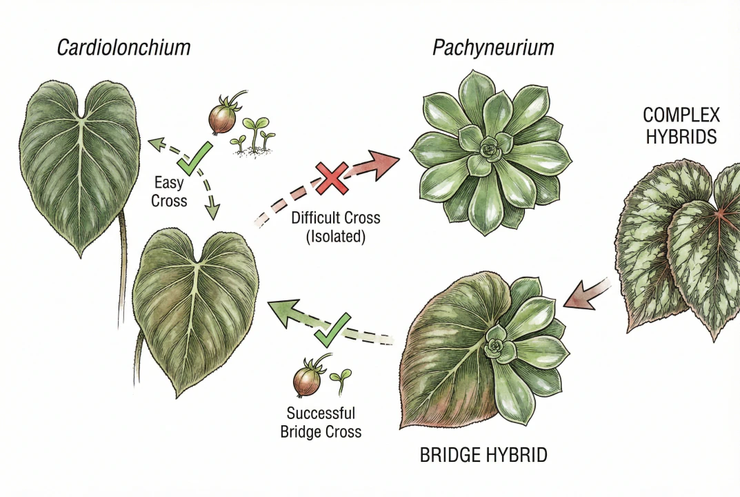 Conceptual chart illustrating within-section, between-section, and bridge crossing between Anthurium sections