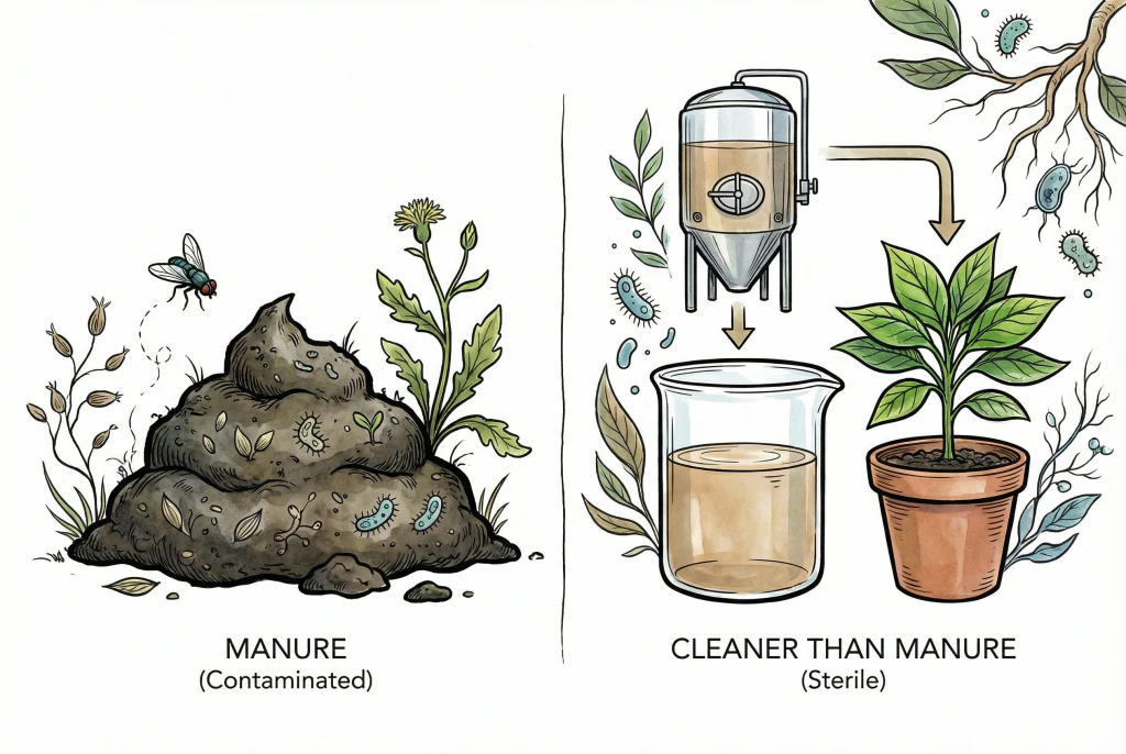 Illustration contrasting raw manure with a lab-produced byproduct