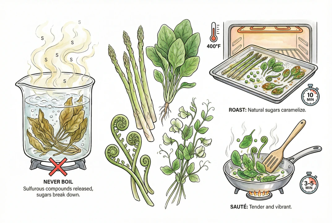 Conceptual illustration of cooking greens; the vegetables shown are not Kalettes