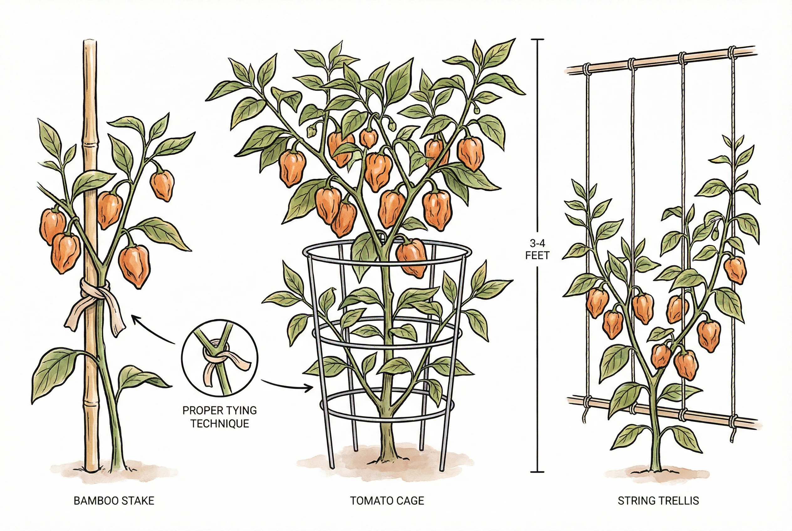 Stakes and cages supporting pepper plants