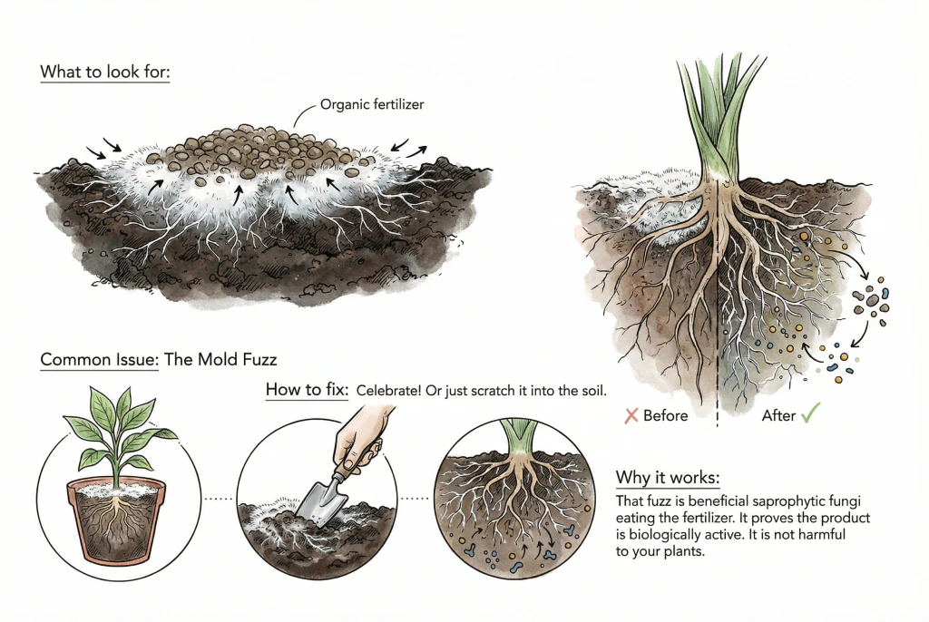 Illustration of white fuzzy fungal growth on a soil surface