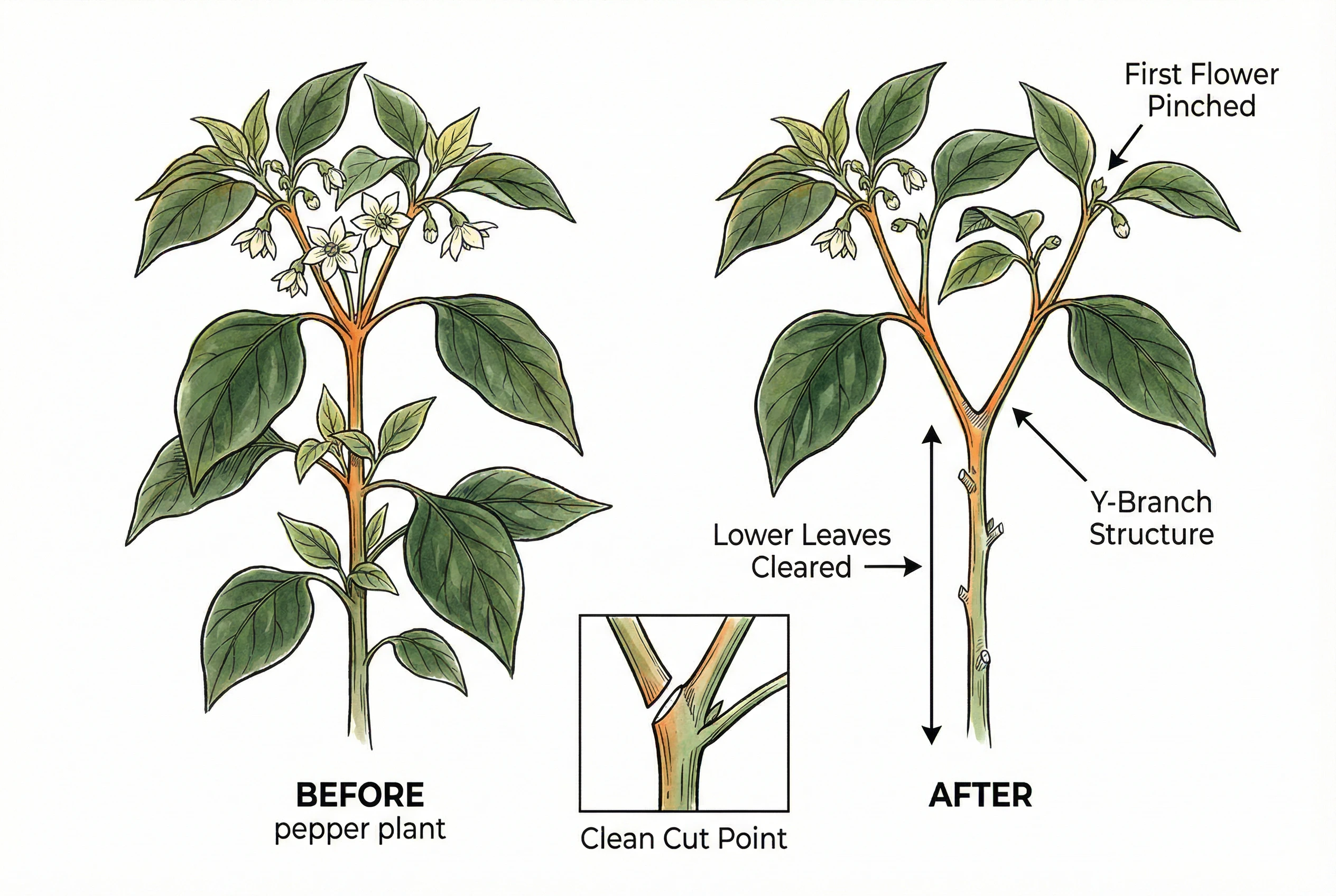 Pruning points and branch training for pepper plants