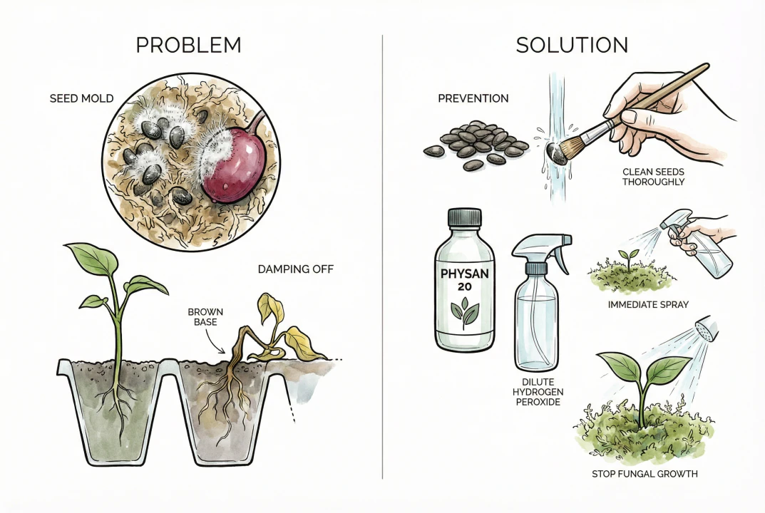 Conceptual illustration of healthy seedlings compared to seedlings collapsing from damping-off