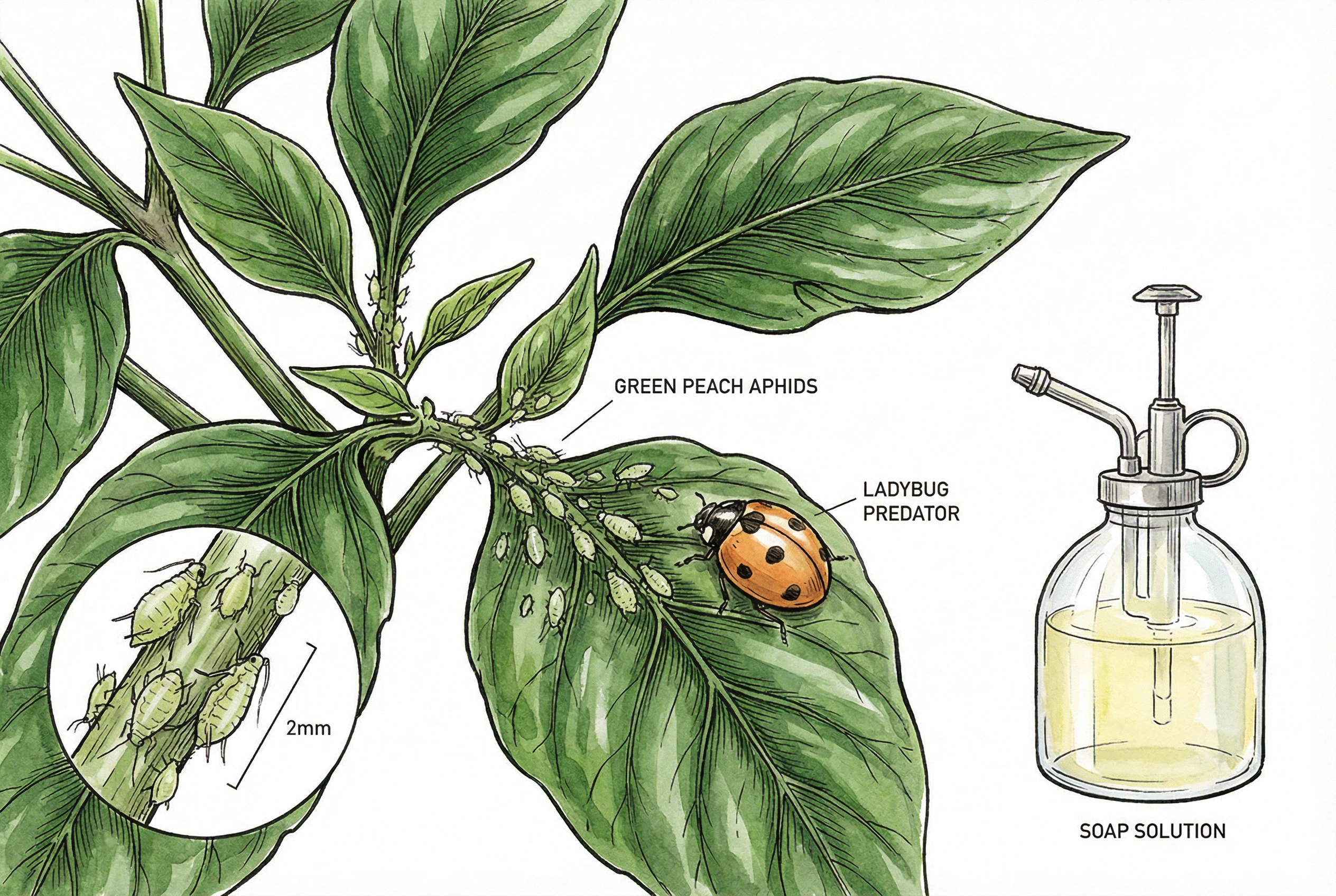 Illustration of aphids clustered on a pepper leaf underside with a ladybug predator and a spray bottle