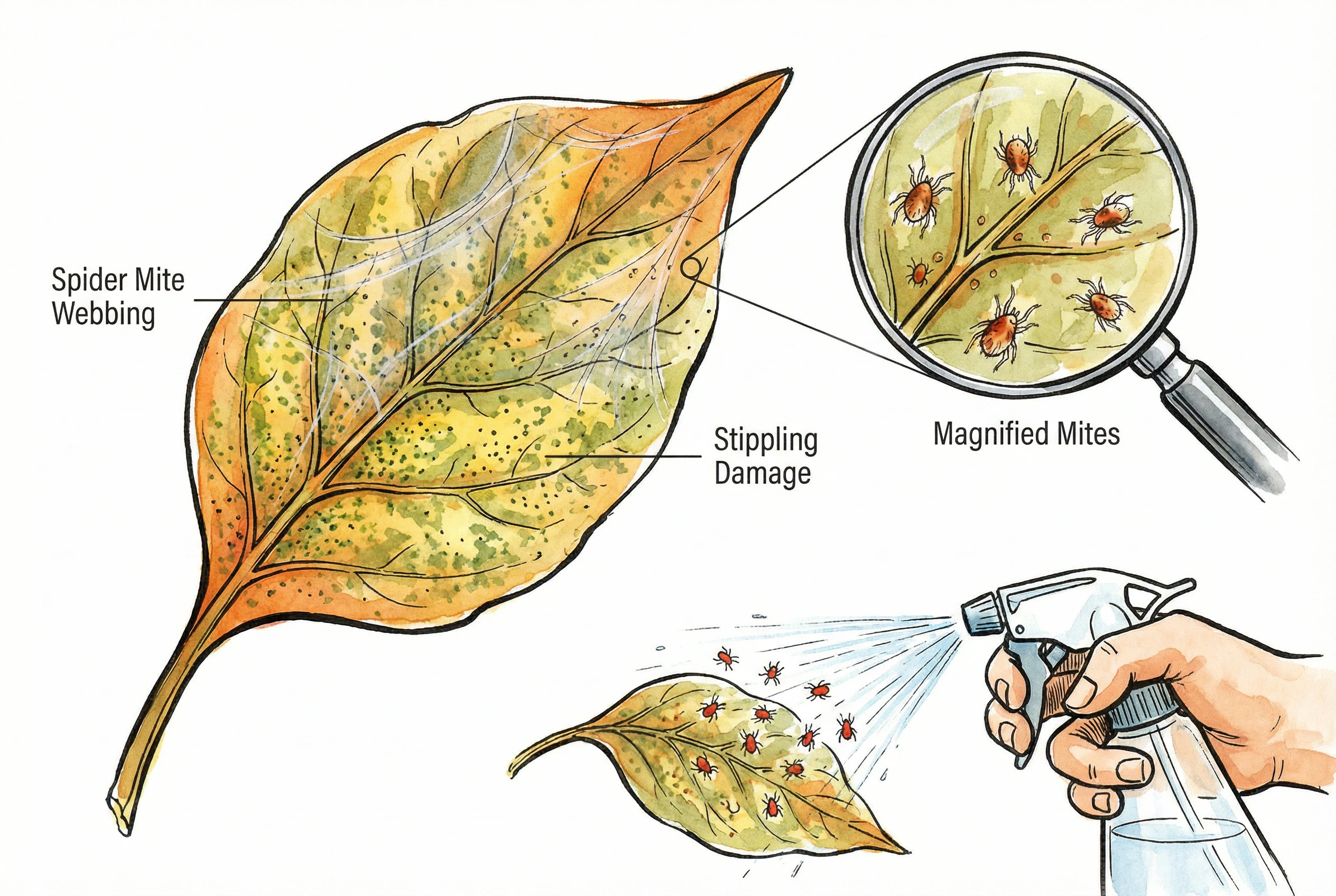Spider mite damage and webbing on pepper leaves