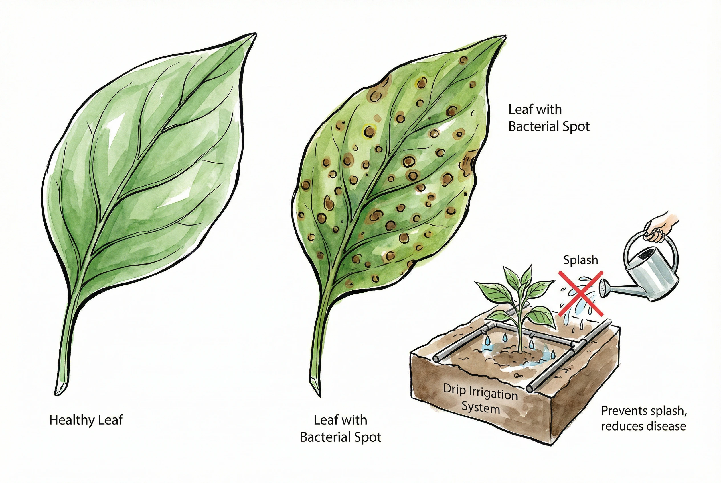 Illustration of bacterial leaf spot lesions on pepper foliage alongside drip irrigation