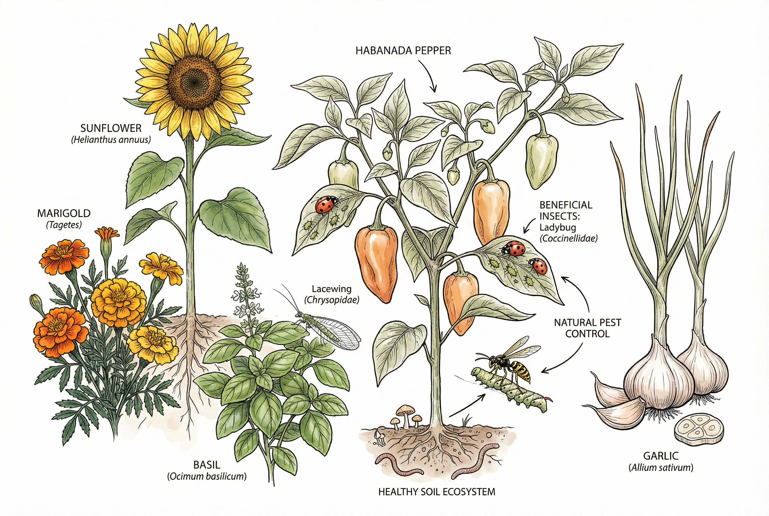 Illustration of alliums, marigolds, basil, and sunflowers planted around Habanada peppers