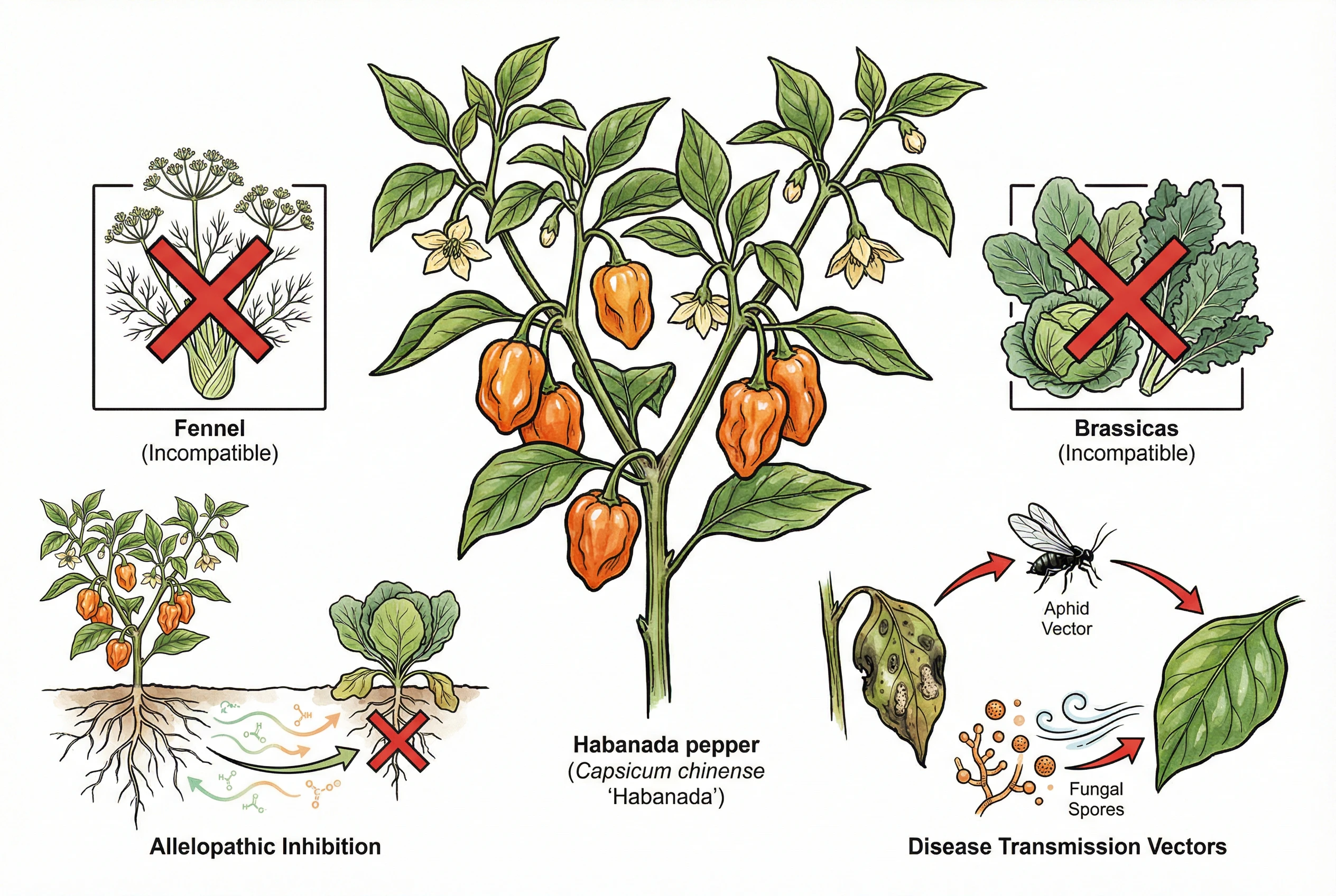 Illustration labeling fennel and brassicas as plants to keep separate from peppers