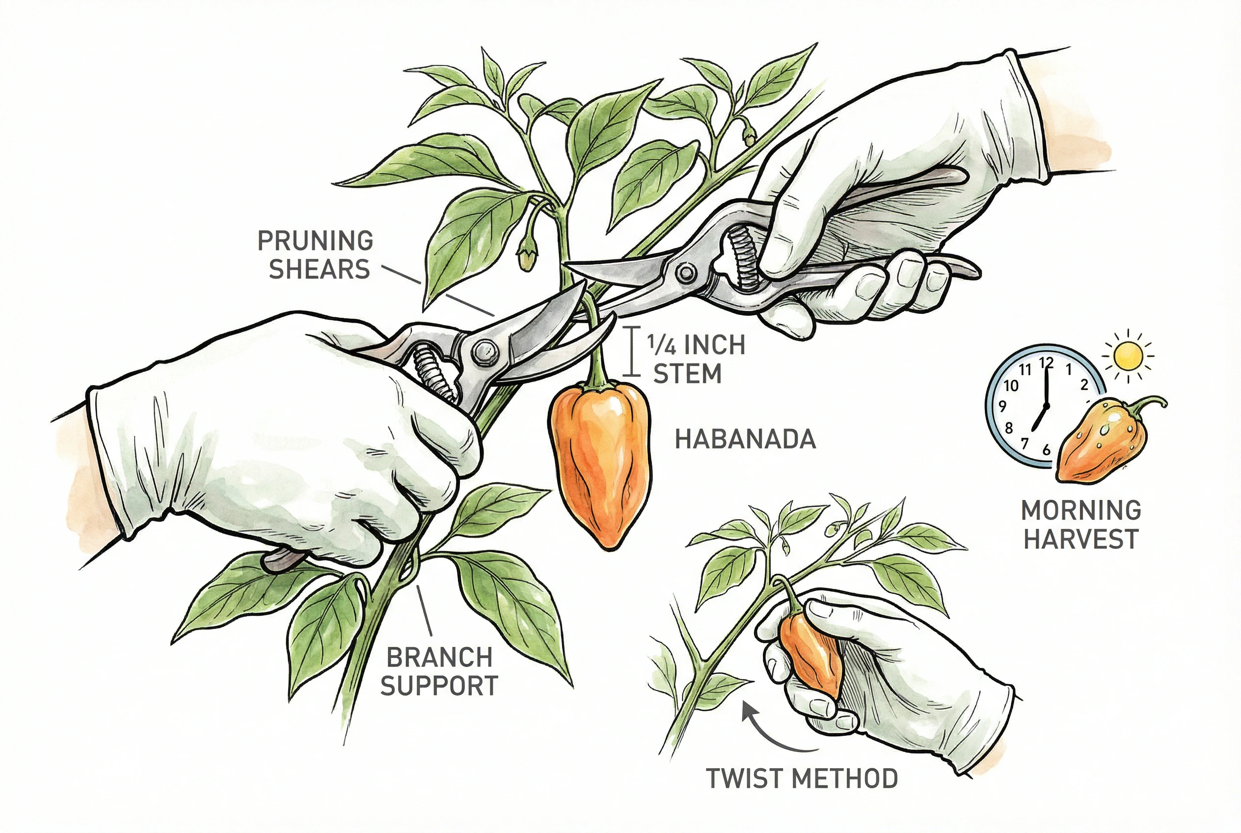 Correct method for cutting ripe peppers from plant